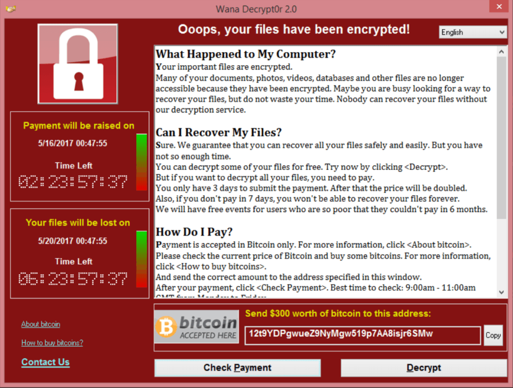 Wannacry Ransomware Screenshot Example