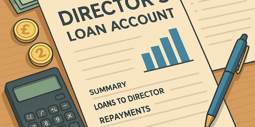 Understanding Director’s Loan Accounts for UK Business Owners Illustration of financial documents, calculator, and office setup representing a director's loan account in a UK business context.