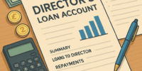 Illustration of financial documents, calculator, and office setup representing a director's loan account in a UK business context.