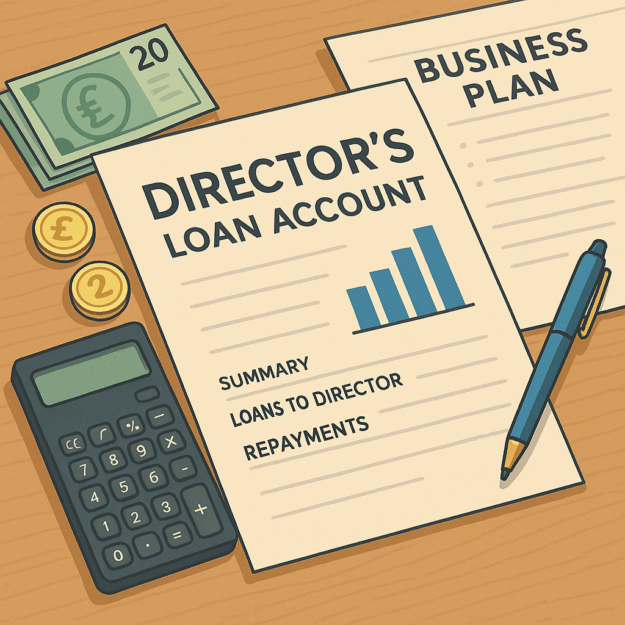 Understanding Director’s Loan Accounts for UK Business Owners Illustration of financial documents, calculator, and office setup representing a director's loan account in a UK business context.