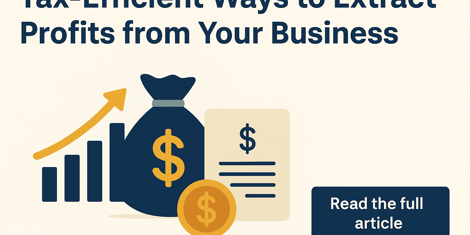 Tax-Efficient Ways to Extract Profits from Your Business in 2025 Digital illustration showing profit extraction options for business owners, including salary, dividends, pensions, and director’s loans.