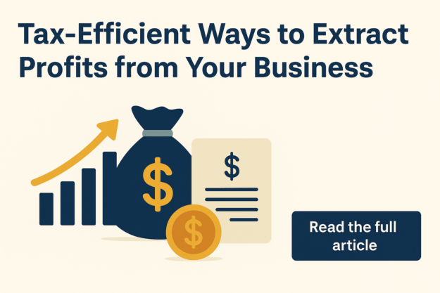 Tax-Efficient Ways to Extract Profits from Your Business in 2025 Digital illustration showing profit extraction options for business owners, including salary, dividends, pensions, and directorโs loans.