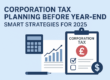 Flat-style illustration showing corporation tax planning with documents, calculator, and financial charts.