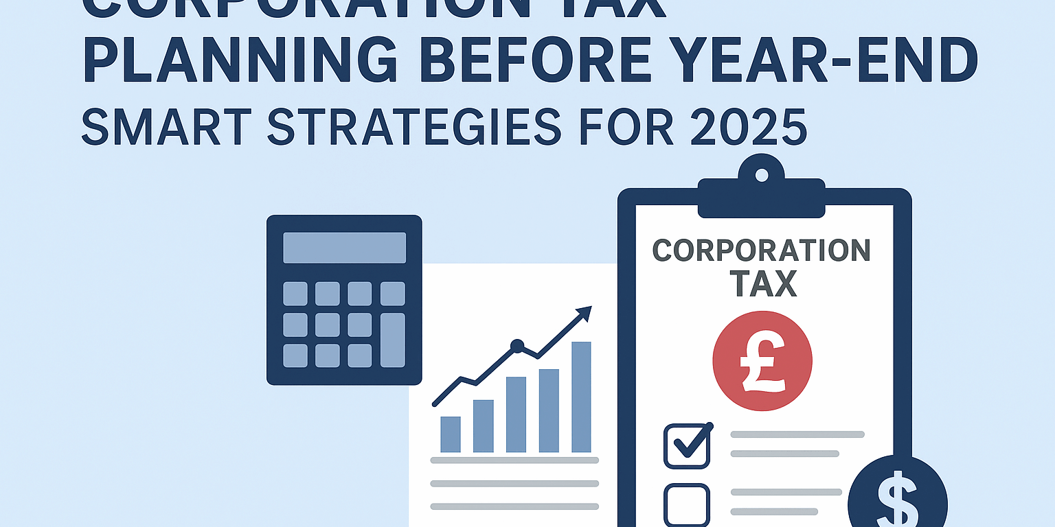 Corporation Tax Planning Before Year-End 2025 Flat-style illustration showing corporation tax planning with documents, calculator, and financial charts.