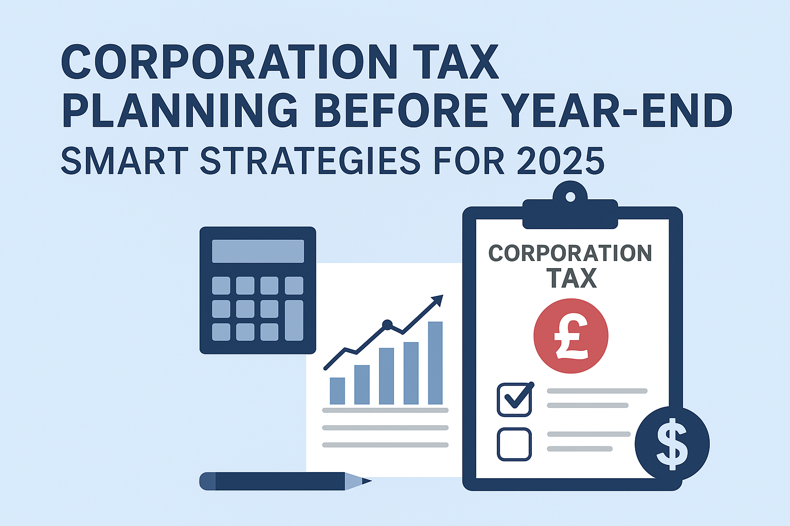 Corporation Tax Planning Before Year-End 2025 Flat-style illustration showing corporation tax planning with documents, calculator, and financial charts.