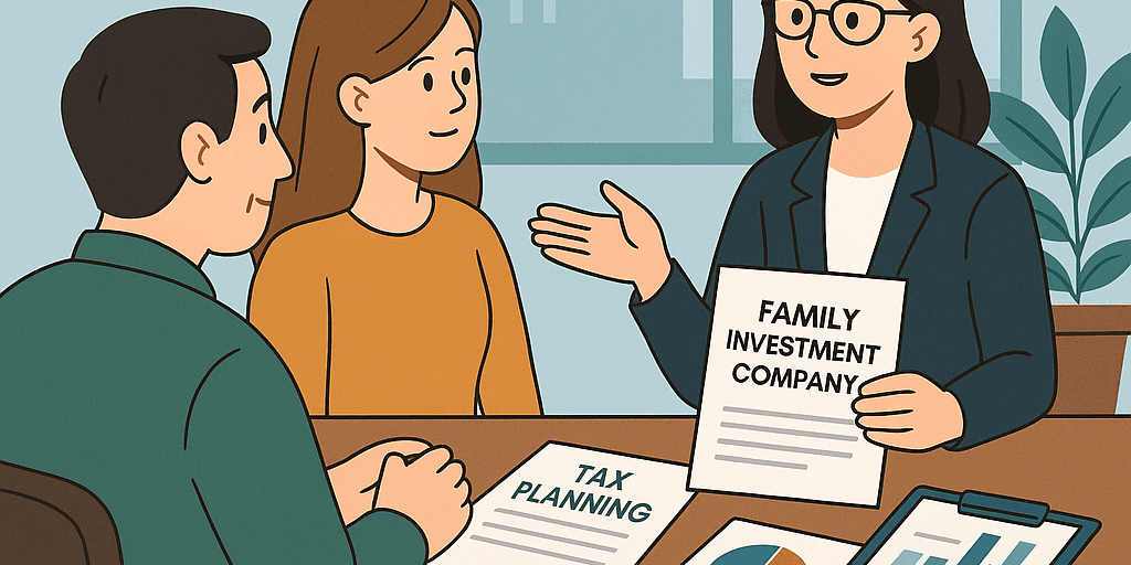 Family Investment Companies UK 2025/26 Flat digital illustration showing a family reviewing investment and tax planning documents in an office setting.