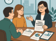 Flat digital illustration showing a family reviewing investment and tax planning documents in an office setting.