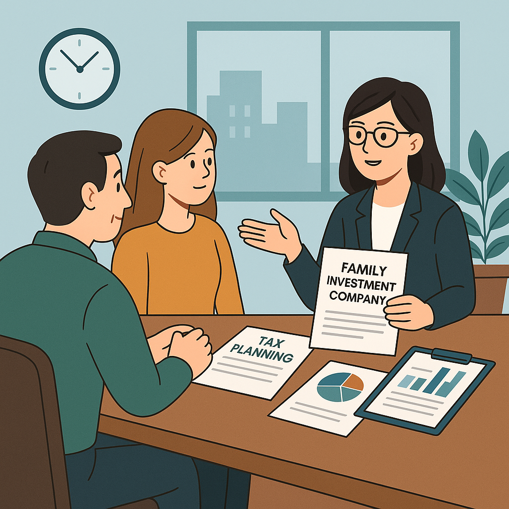 Family Investment Companies UK 2025/26 Flat digital illustration showing a family reviewing investment and tax planning documents in an office setting.