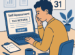 Flat digital illustration showing a person completing their tax return on a laptop before the January 2026 Self Assessment deadline.
