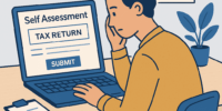 Self Assessment 2024/25 Tax Return Preparation Flat digital illustration showing a person completing their tax return on a laptop before the January 2026 Self Assessment deadline.