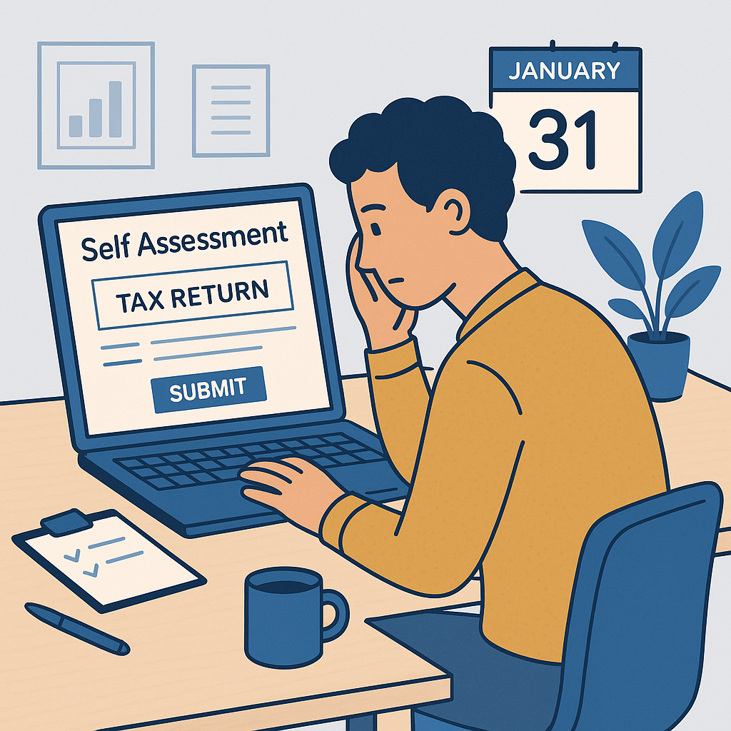 Self Assessment 2024/25 Tax Return Preparation Flat digital illustration showing a person completing their tax return on a laptop before the January 2026 Self Assessment deadline.