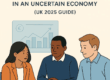 Flat digital illustration showing UK business owners reviewing financial plans to build resilience during economic uncertainty.