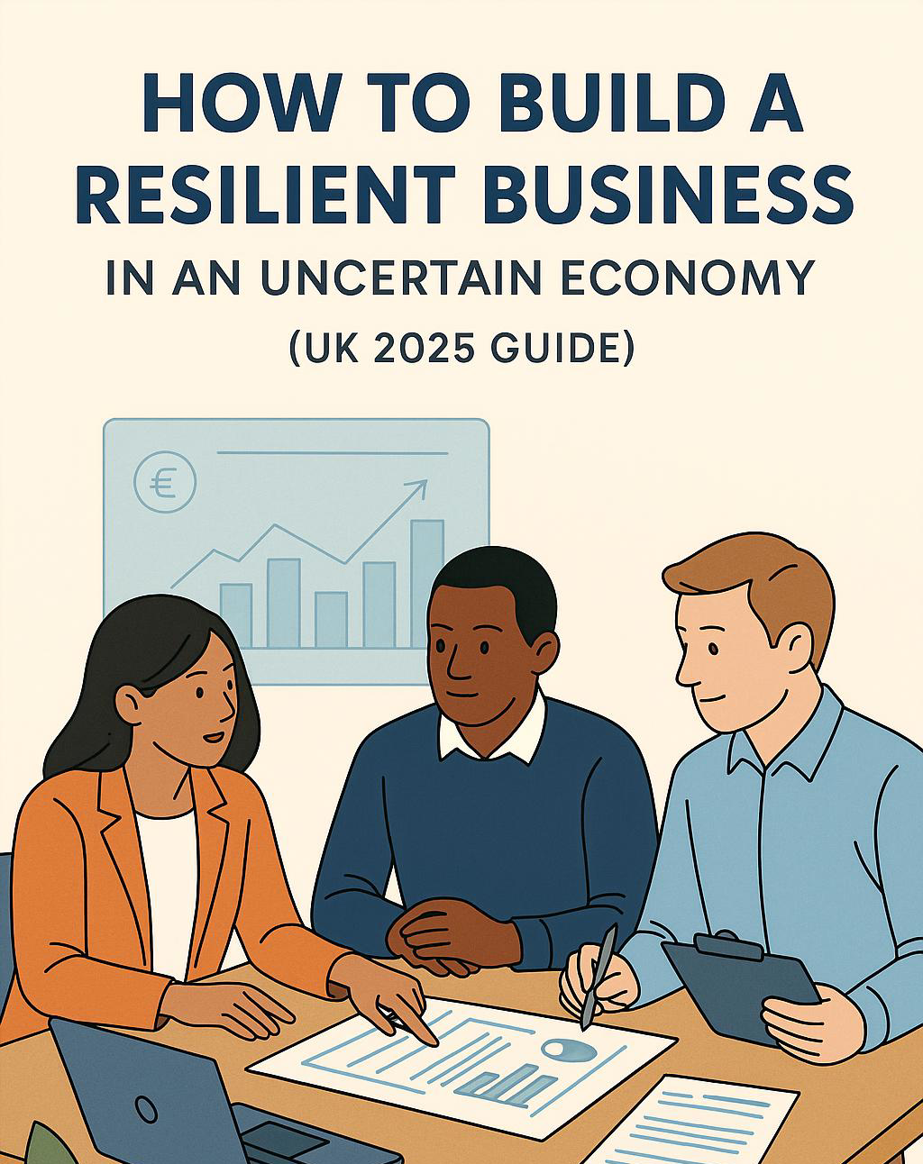 Building a Resilient Business UK 2025 Flat digital illustration showing UK business owners reviewing financial plans to build resilience during economic uncertainty.