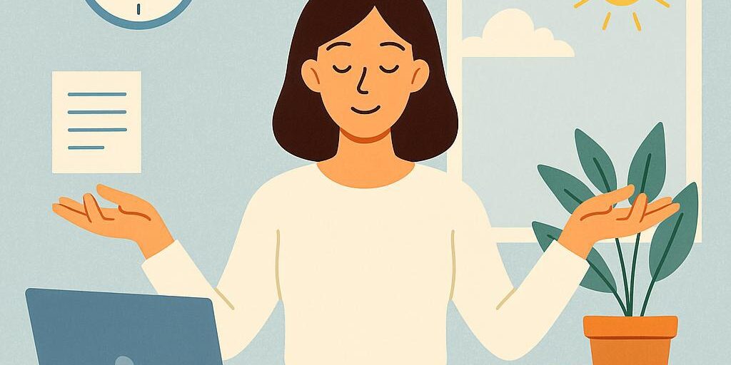 Work-Life Balance for Business Owners UK 2025 Flat digital illustration showing a relaxed business owner balancing work and life responsibilities.