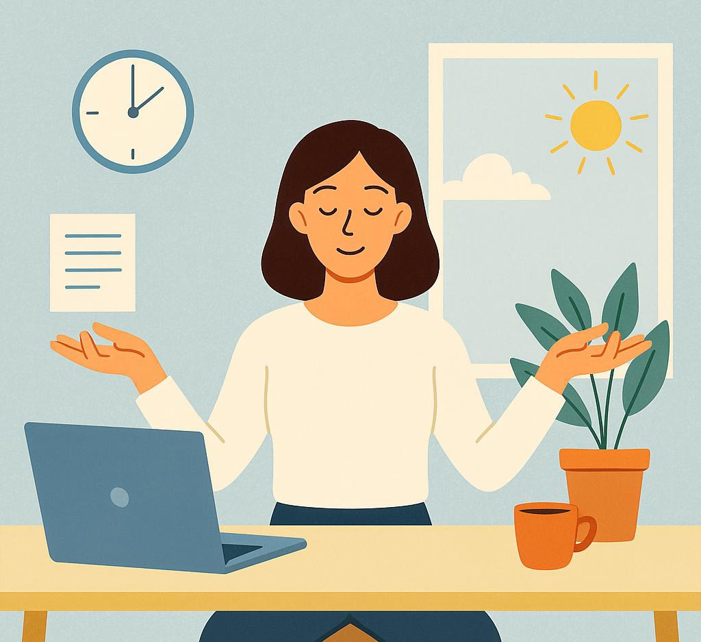 Work-Life Balance for Business Owners UK 2025 Flat digital illustration showing a relaxed business owner balancing work and life responsibilities.