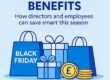 Flat-style illustration of shopping bags, gift boxes, and coins in Llewellyns blue, symbolising Black Friday tax-free benefits for directors and employees.