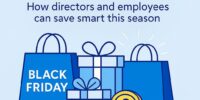 Black Friday benefits llewellyns Flat-style illustration of shopping bags, gift boxes, and coins in Llewellyns blue, symbolising Black Friday tax-free benefits for directors and employees.