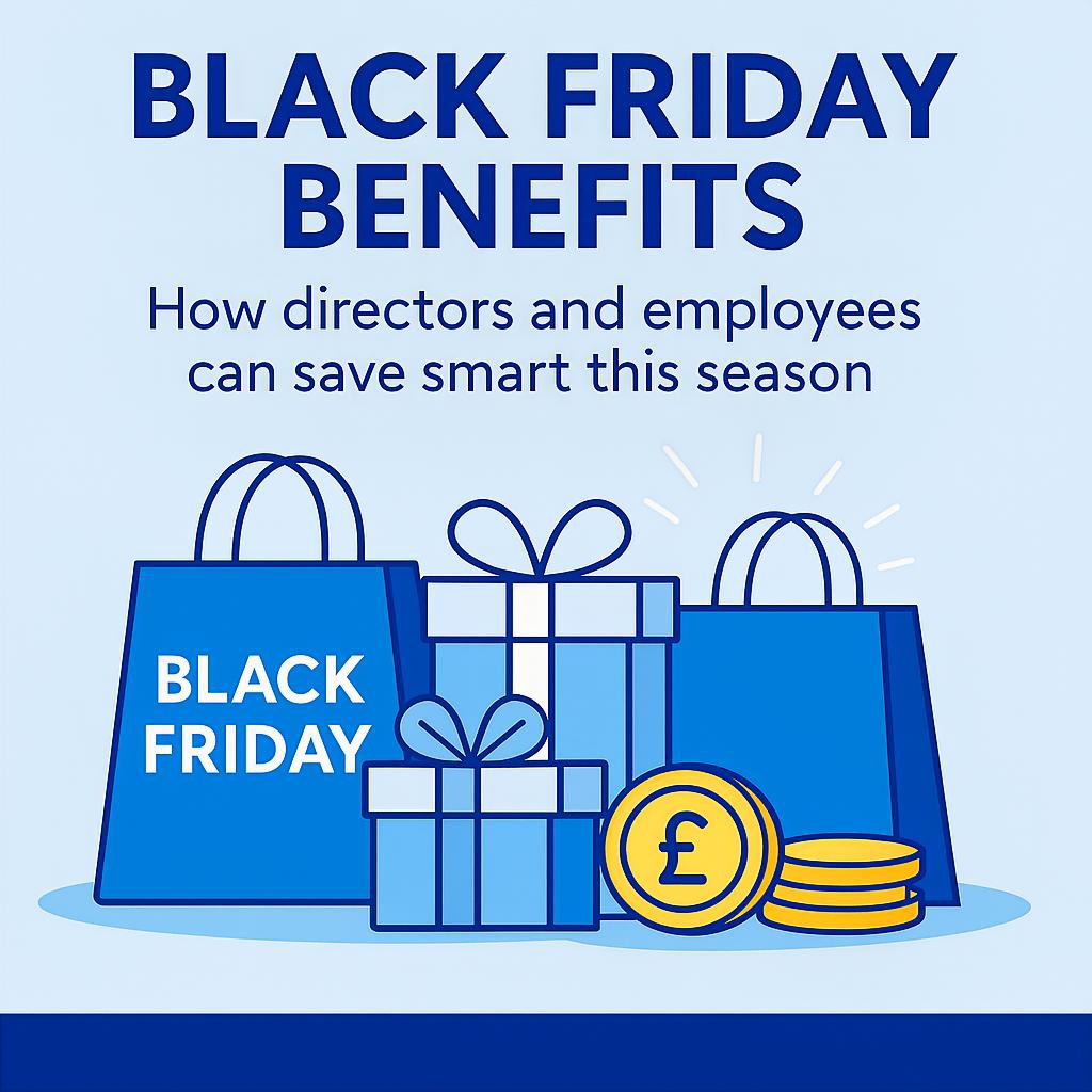 Black Friday benefits llewellyns Flat-style illustration of shopping bags, gift boxes, and coins in Llewellyns blue, symbolising Black Friday tax-free benefits for directors and employees.