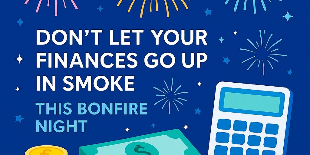 Bonfire Night Tax Planning Flat digital illustration of fireworks, coins, and a calculator in blue tones representing Bonfire Night tax planning by Llewellyns Chartered Certified Accountants.