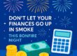 Flat digital illustration of fireworks, coins, and a calculator in blue tones representing Bonfire Night tax planning by Llewellyns Chartered Certified Accountants.