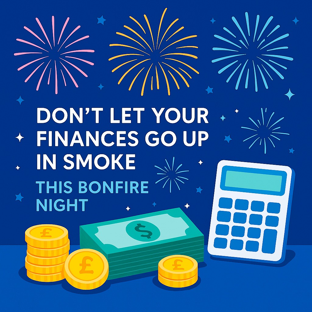 Bonfire Night Tax Planning Flat digital illustration of fireworks, coins, and a calculator in blue tones representing Bonfire Night tax planning by Llewellyns Chartered Certified Accountants.