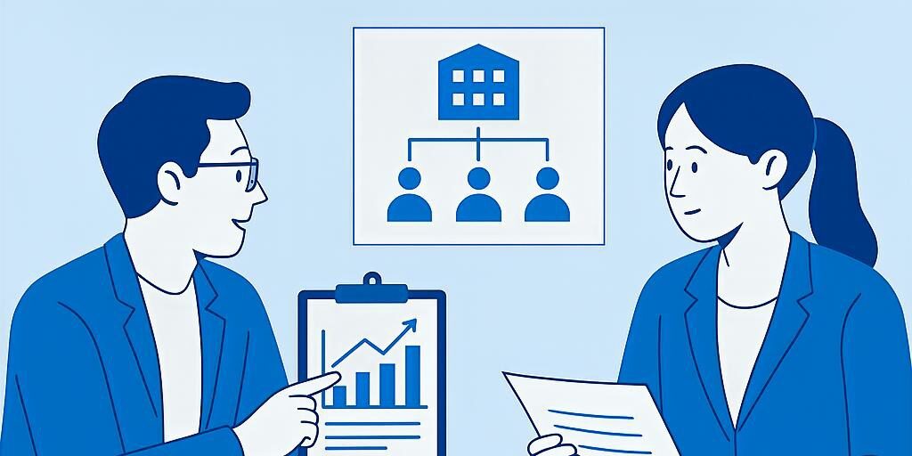 Business restructures Llewellyns Flat digital illustration in Llewellyns blue showing two business owners reviewing charts, documents, and company structures, representing a UK business structure review.
