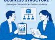 Flat digital illustration in Llewellyns blue showing two business owners reviewing charts, documents, and company structures, representing a UK business structure review.