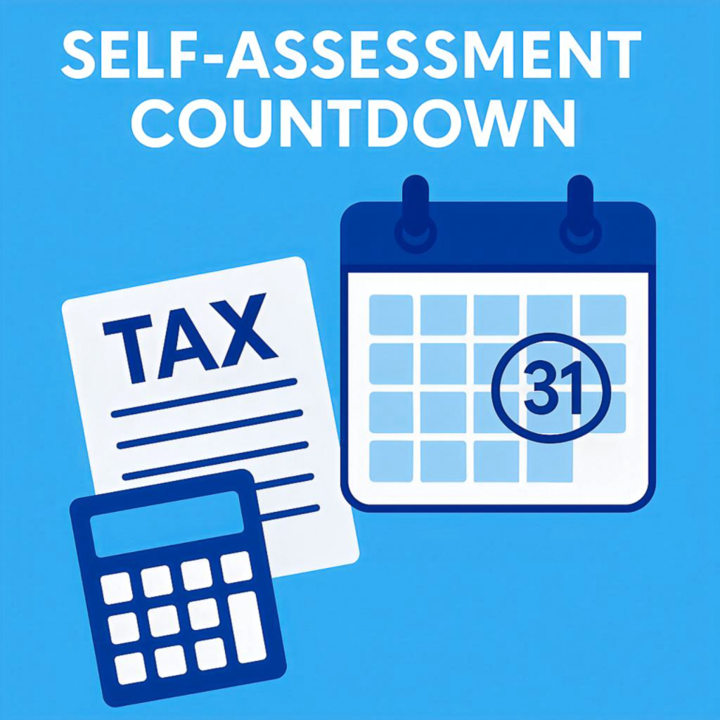 Flat illustration of a calendar marked 31 January, calculator, and documents in Llewellyns blue, representing the Self-Assessment tax return deadline.