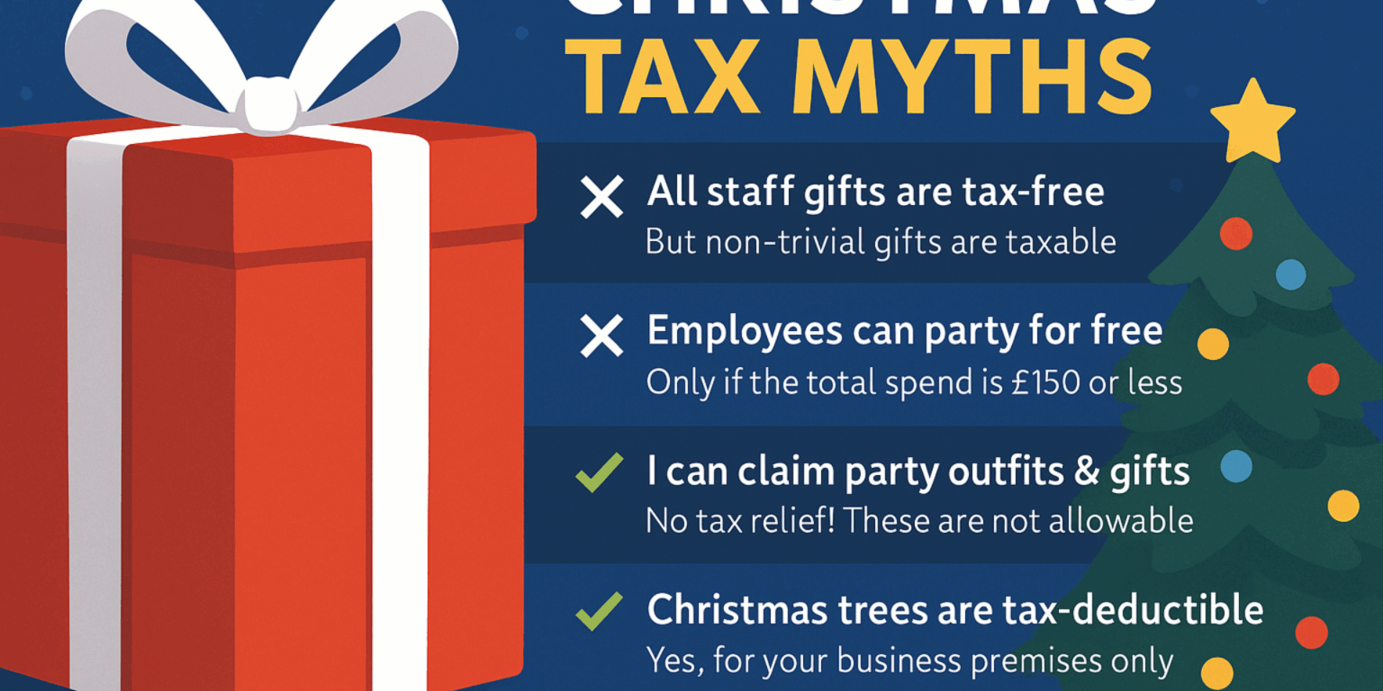 Christmas-themed illustration of accountants debunking festive tax myths for UK businesses.