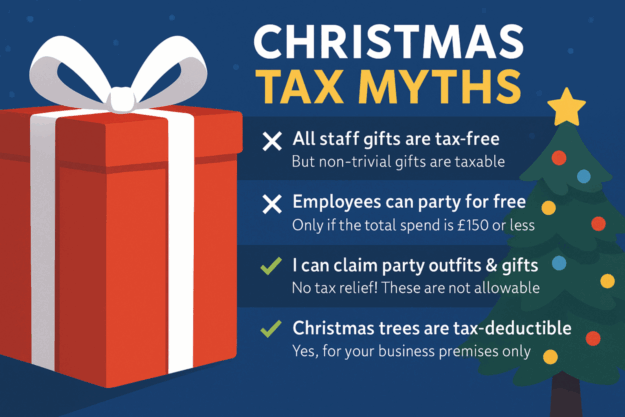 Christmas tax myths pic Christmas-themed illustration of accountants debunking festive tax myths for UK businesses.