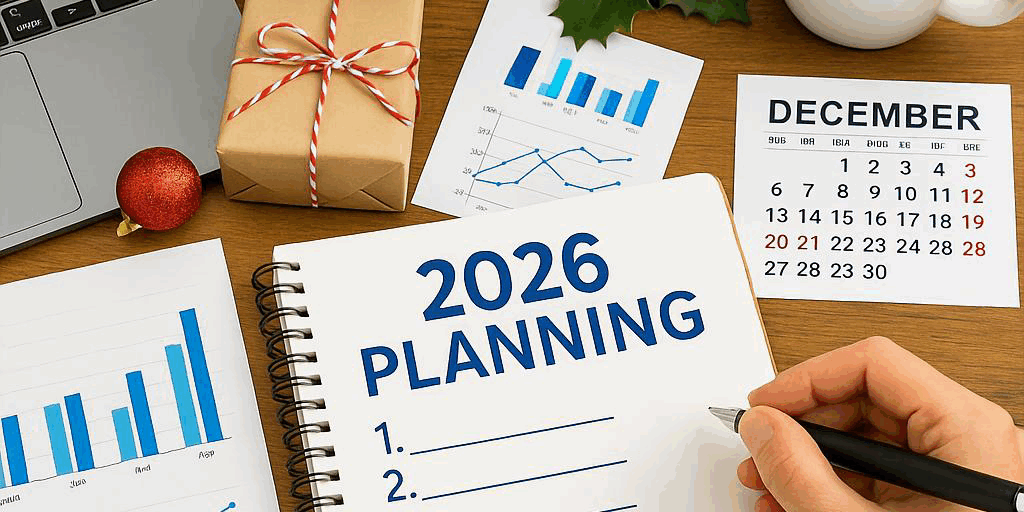 Plan for 2026 blog UK small business owners planning for 2026 during the Christmas break with calendars, laptops and festive decorations.