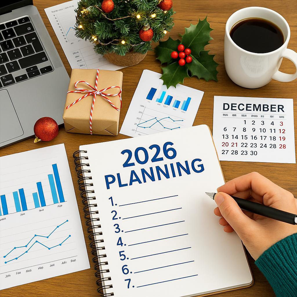 Plan for 2026 blog UK small business owners planning for 2026 during the Christmas break with calendars, laptops and festive decorations.