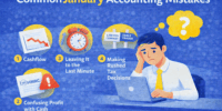 Common January Accounting Mistakes We See Every Year Flat illustration showing common January accounting mistakes, including cashflow issues, confusing profit with cash, last-minute work and rushed tax decisions.