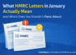 Flat illustration showing HMRC letters with alert and tick icons, explaining which HMRC letters in January need action and which are routine for UK taxpayers.