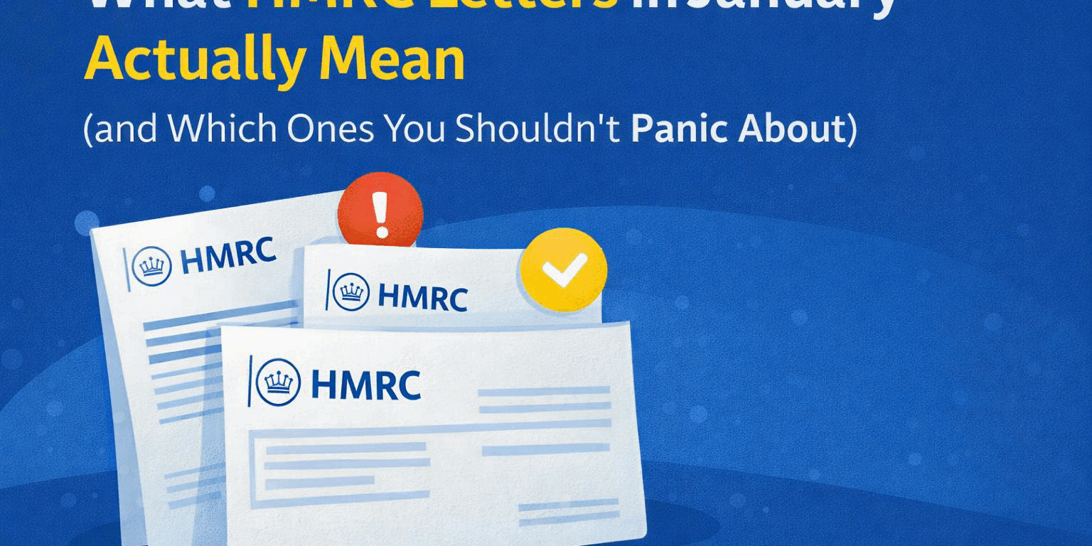 Flat illustration showing HMRC letters with alert and tick icons, explaining which HMRC letters in January need action and which are routine for UK taxpayers.