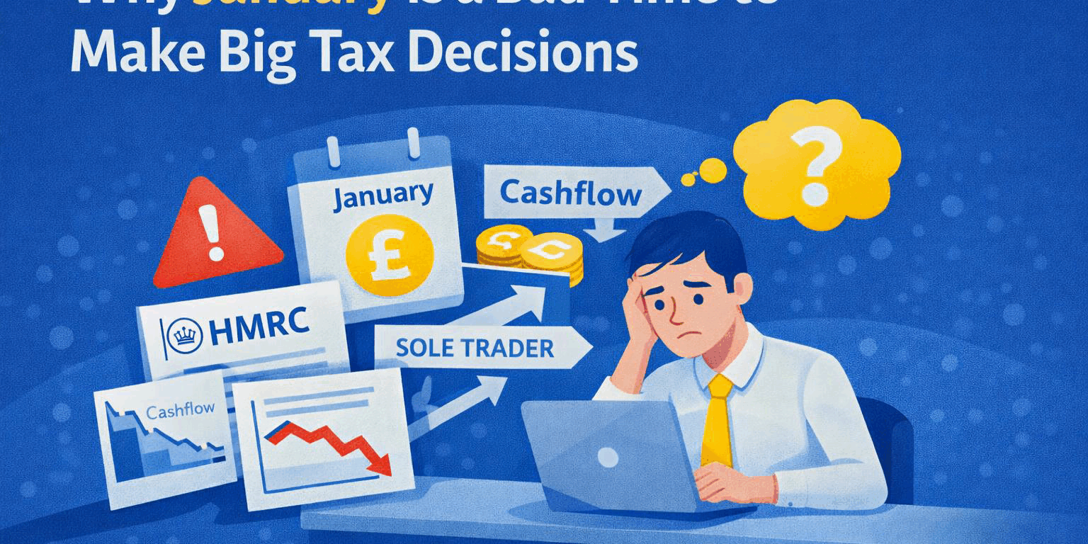 Flat illustration showing a stressed business owner surrounded by HMRC letters, a January calendar, cashflow charts and tax decision arrows, highlighting why January is a poor time to make major tax decisions.