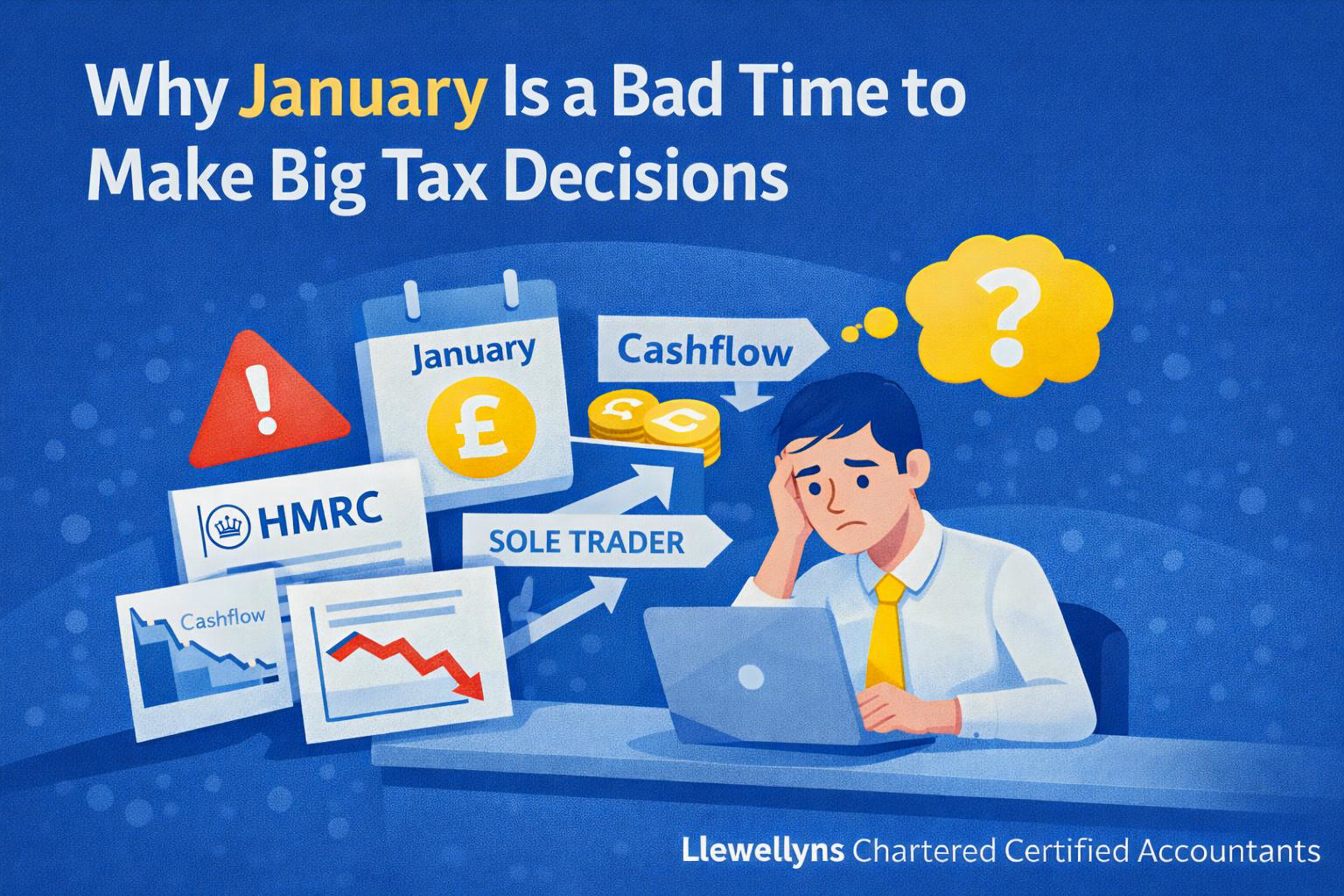 Flat illustration showing a stressed business owner surrounded by HMRC letters, a January calendar, cashflow charts and tax decision arrows, highlighting why January is a poor time to make major tax decisions.