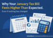 Illustration showing a January calendar, calculator and financial documents explaining why January tax bills often feel higher than expected for UK business owners.