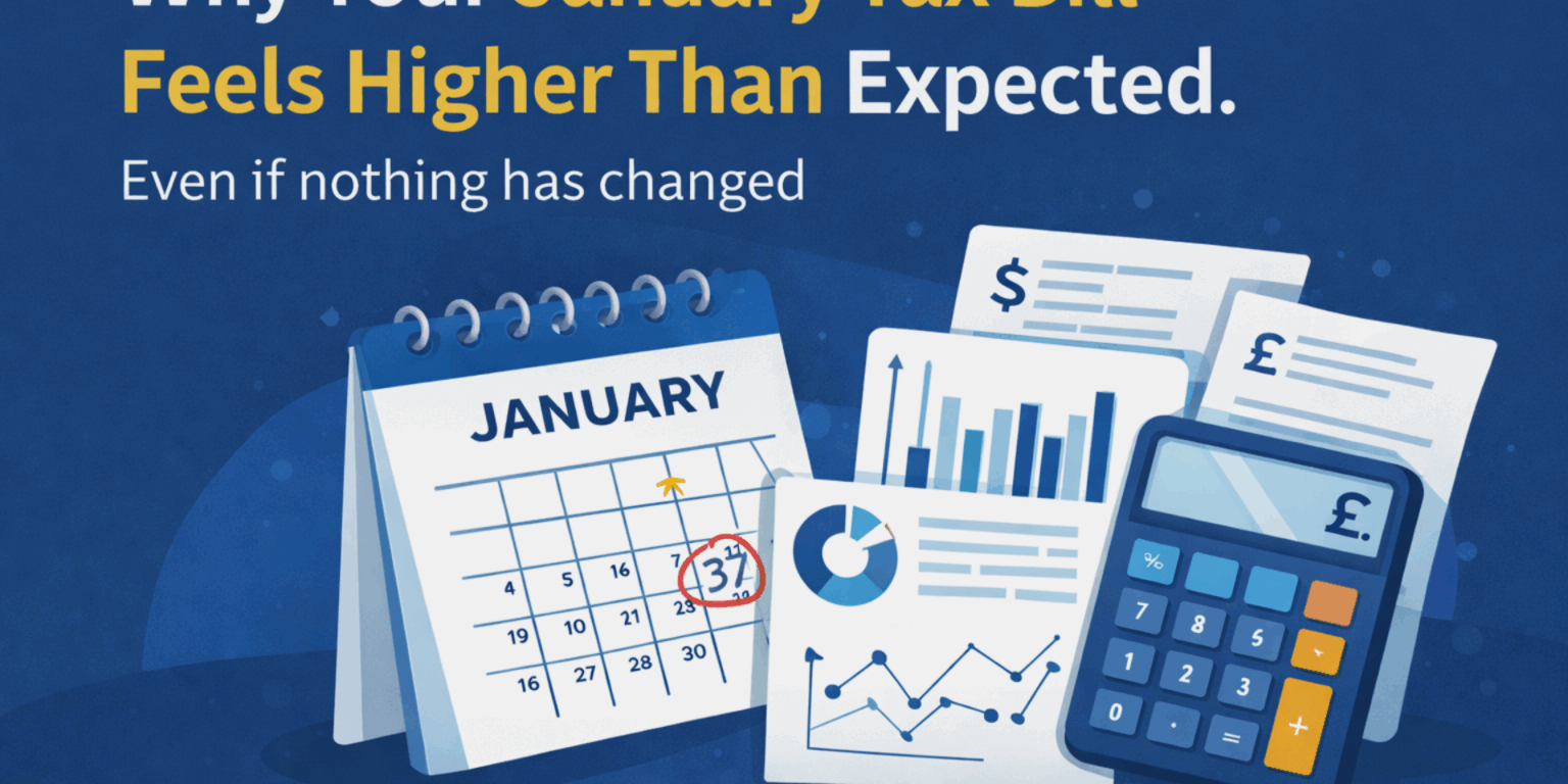 Illustration showing a January calendar, calculator and financial documents explaining why January tax bills often feel higher than expected for UK business owners.