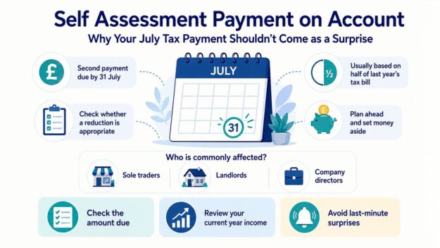 Self Assessment payment on account July tax payment Illustration showing a July Self Assessment payment on account and tax planning reminders.